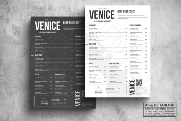 极简设计风格西餐菜单海报PSD素材素材库精选模板 Venice Minimal Food Menu – A3 &amp; US Tabloid Poster