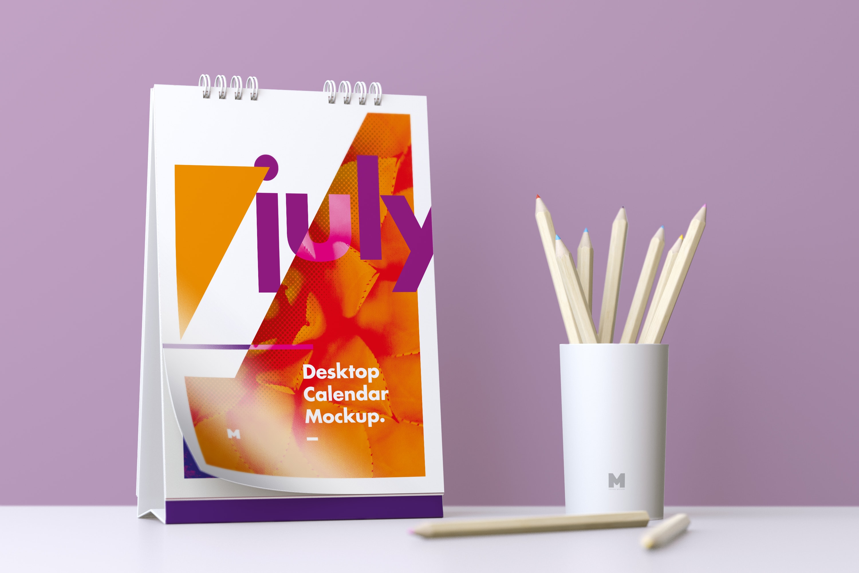 创意活页桌面日历设计样机模板 Desktop Portrait Calendar Mockup With Cup of Pencils插图(1)