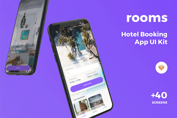 素材库下午茶：时尚简约的名宿酒店预定APP UI KITS下载 [Sketch]