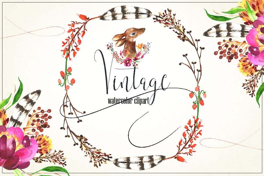 复古花卉和浆果水彩画插画 Vintage flowers & berry Watercolor插图(8)