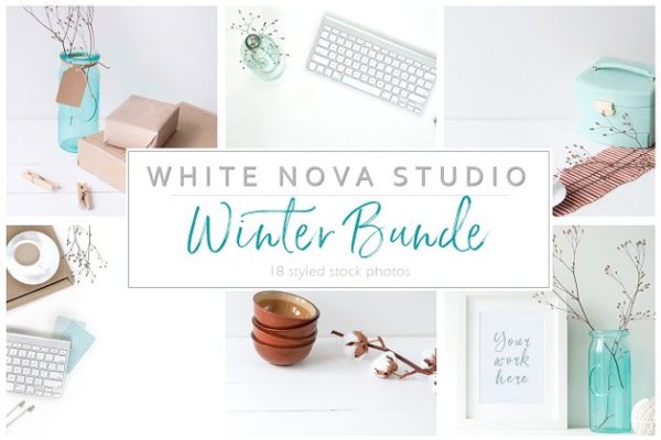 蓝色主点缀办公场景样机模板 Blue stock photo bundle