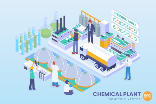 创新型化工厂等距矢量科技素材库精选概念插画v2 Isometric Chemical Plant Vector Concept