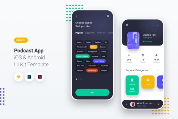 音乐播客iOS&amp;Android手机APP应用UI设计套件1 Podcast Player App iOS &amp; Android UI Kit Template 1