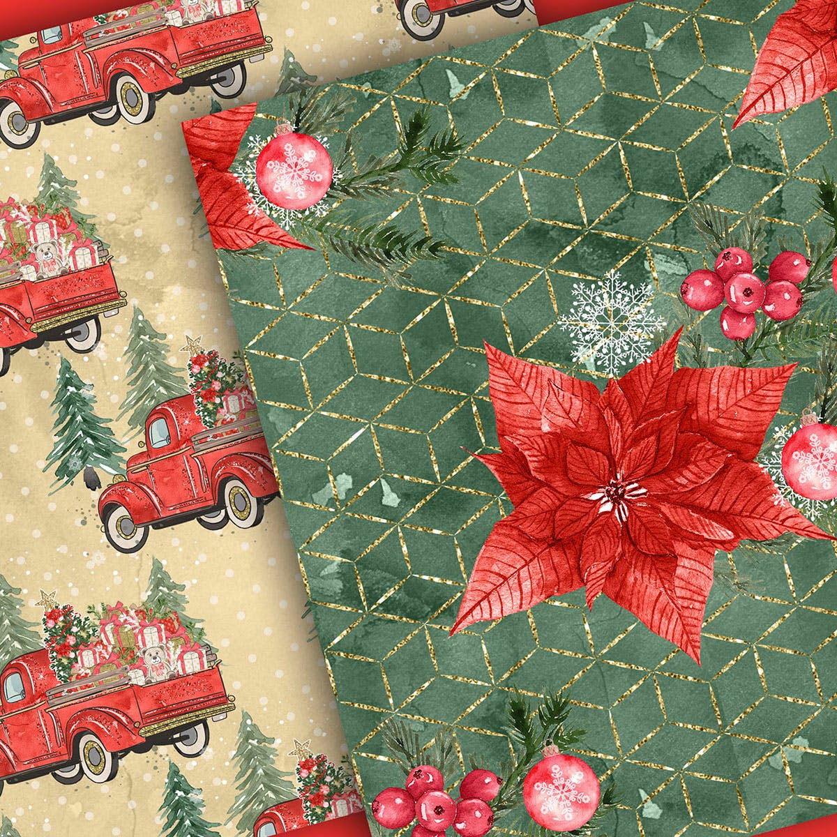 圣诞节礼物卡车手绘图案数码纸张背景素材 Christmas Car digital paper pack插图(4)