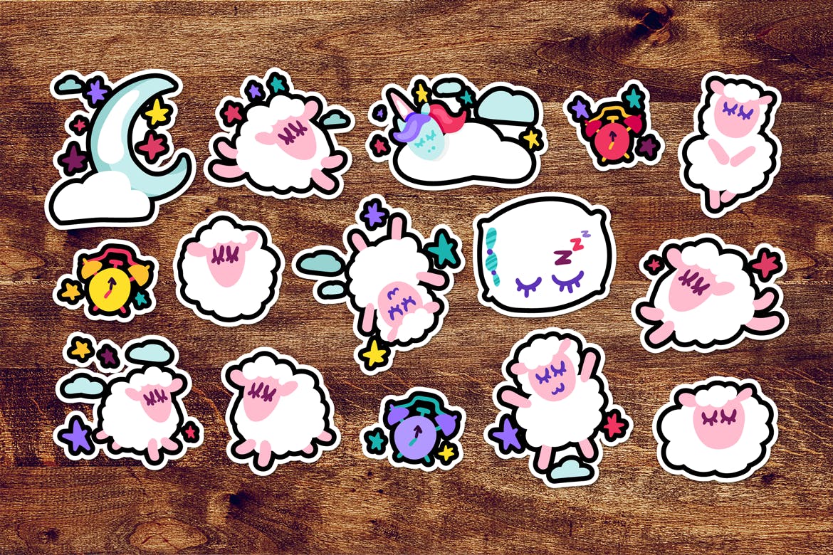 有趣可爱的晚安贴纸画手绘矢量图形设计素材 Fun Good Night Stickers Set插图