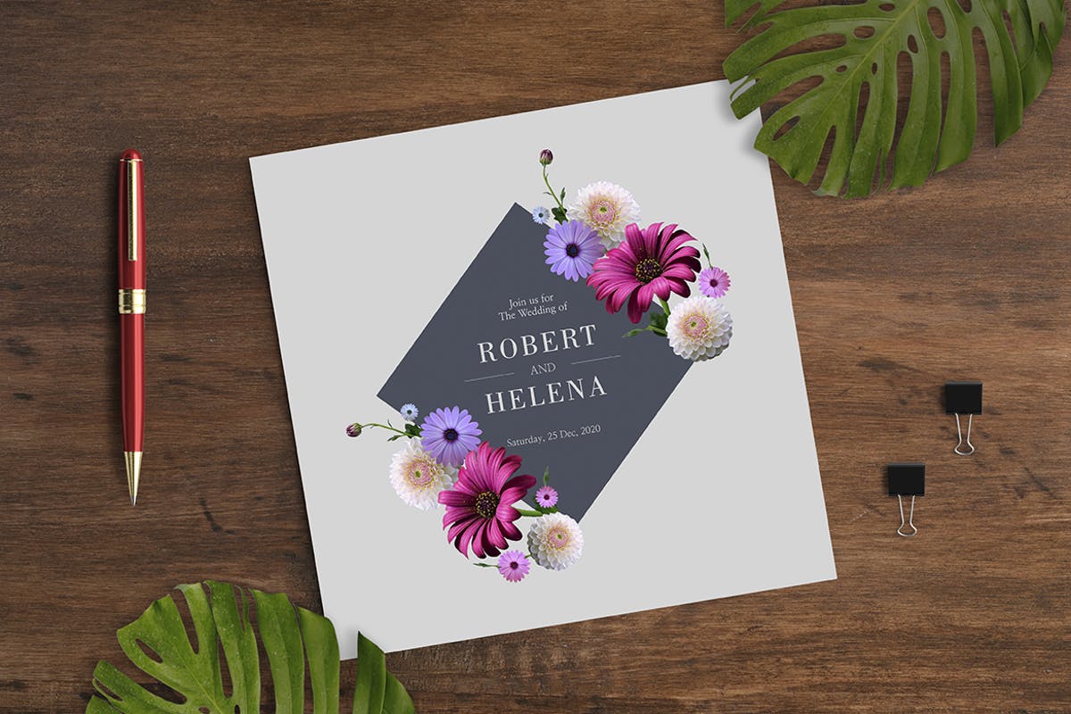 鲜花婚礼请柬/贺卡设计模板 Floral Wedding Invitation Card插图