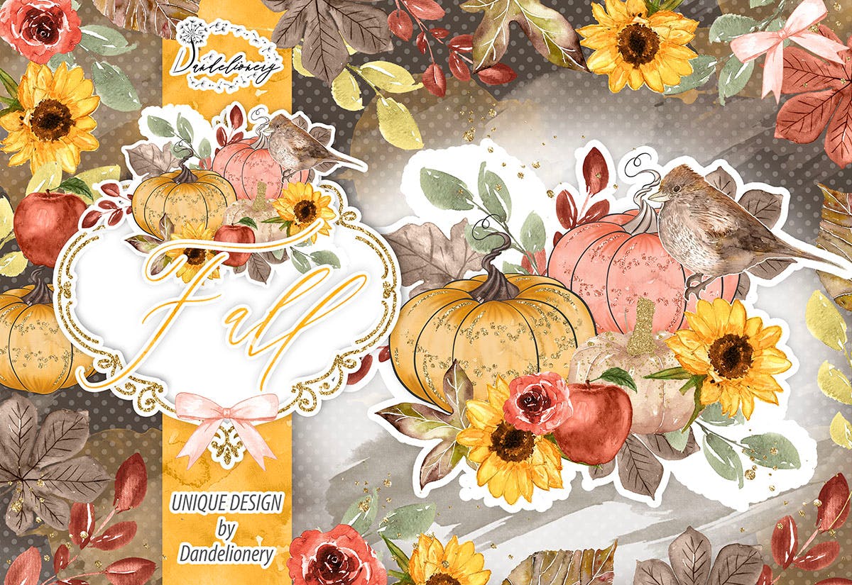 秋季南瓜水彩手绘剪贴画PNG素材 Fall Pumpkin design插图(2)
