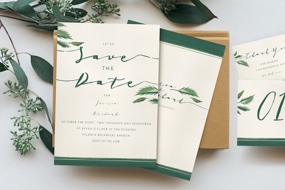 简约热带植物装饰婚礼邀请函模板 Classy Tropical Wedding Suite插图(3)