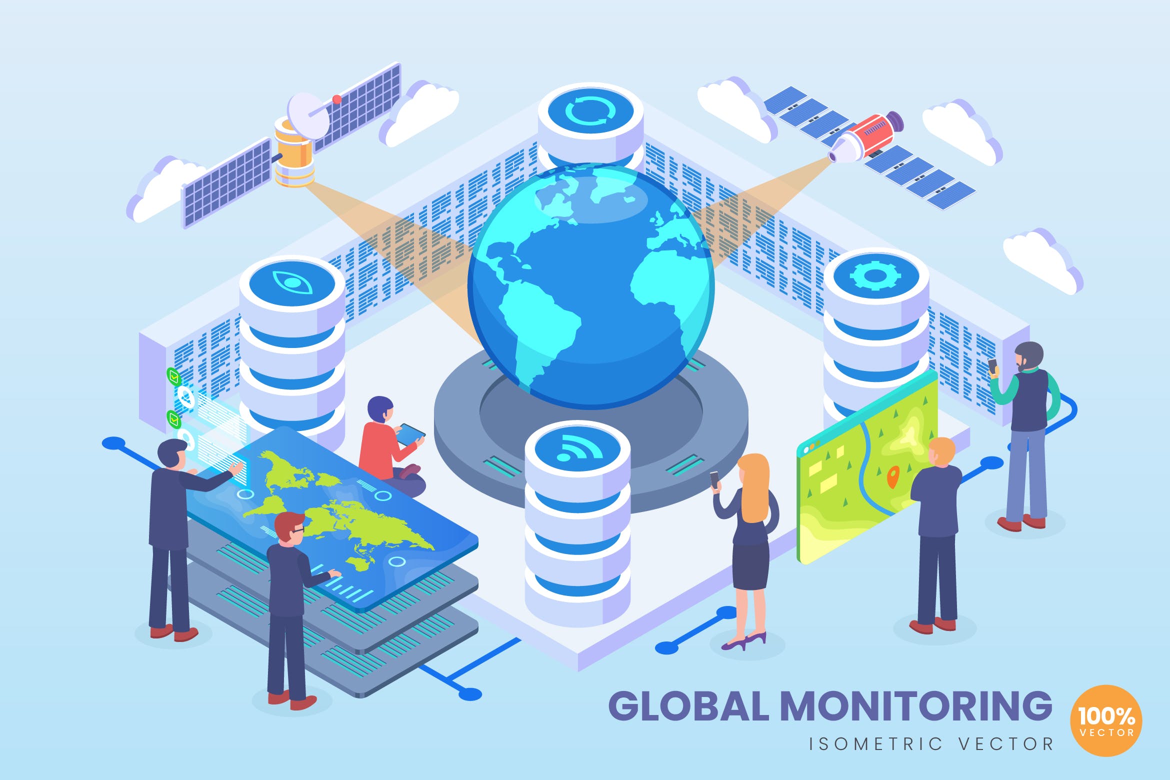 全球监测技术等距矢量素材库精选科技概念插画 Isometric Global Monitoring Technology Vector插图