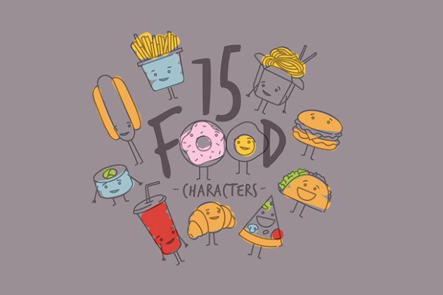 手绘甜点小吃矢量图案 Food Characters插图(2)