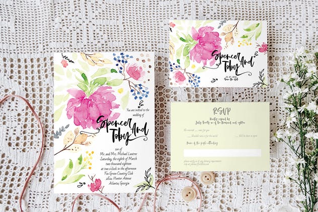 手绘花卉图案婚礼邀请函设计模板 Handpainted Wedding Invitation Suite插图(1)