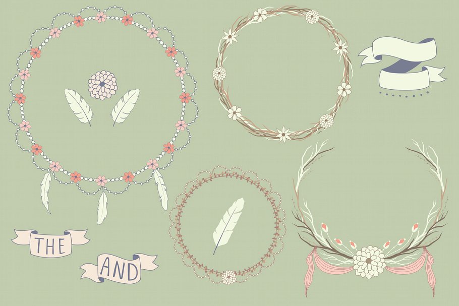 波西米亚风花环&印花剪贴画系列 Boho Wreaths & Florals Collection插图(2)