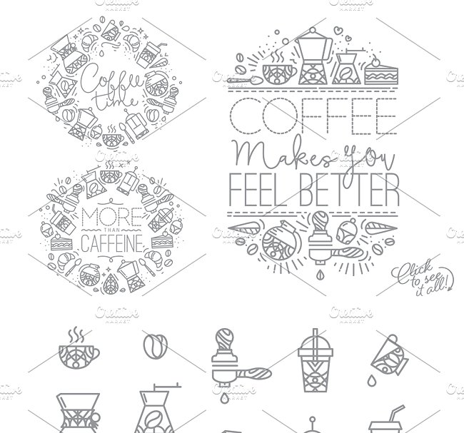 咖啡主题扁平化手绘线条图标插画 Coffee flat icons插图(2)