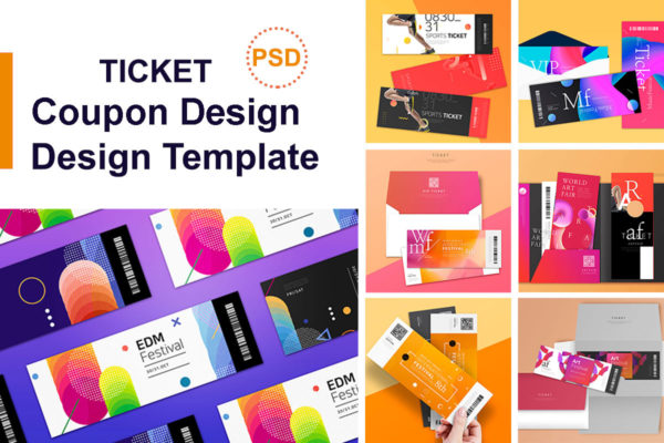 多彩创意的门票/入场券/优惠券/邀请函设计模板套装[PSD]