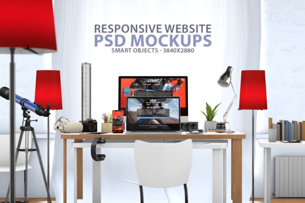 创意办公桌面响应式设计效果图预览样机素材库精选 Responsive Website PSD Mock-up Desk