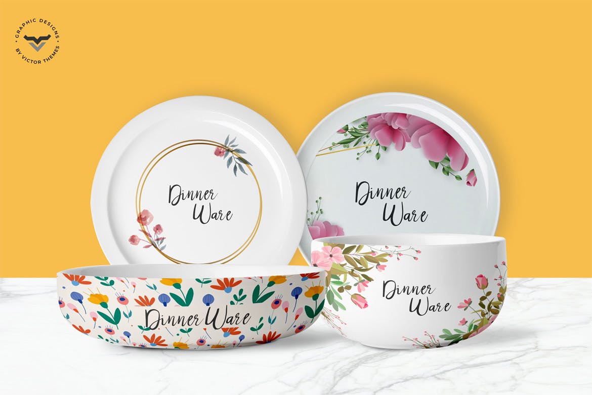 晚餐碗碟印花图案设计素材库精选 Dinner Set Mockup Template插图(1)