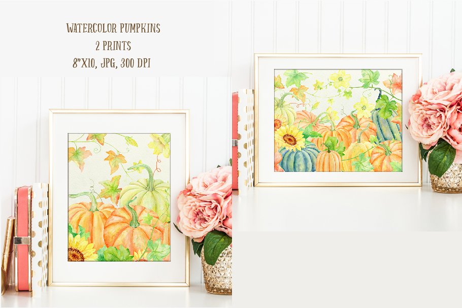 南瓜(藤、叶子&花)水彩剪贴画、纹理 Watercolour Clipart Pumpkins插图(4)