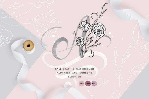 花卉字母水彩字母表插画集 Flowers Letters watercolor alphabet