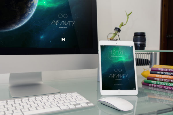 iMac&amp;iPad桌面设备屏幕演示图样机模板02 Desktop Device Mockup 2