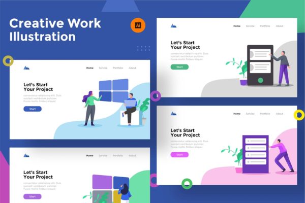 创意办公空间主题网站矢量插画素材 Creative Work Illustration for Website