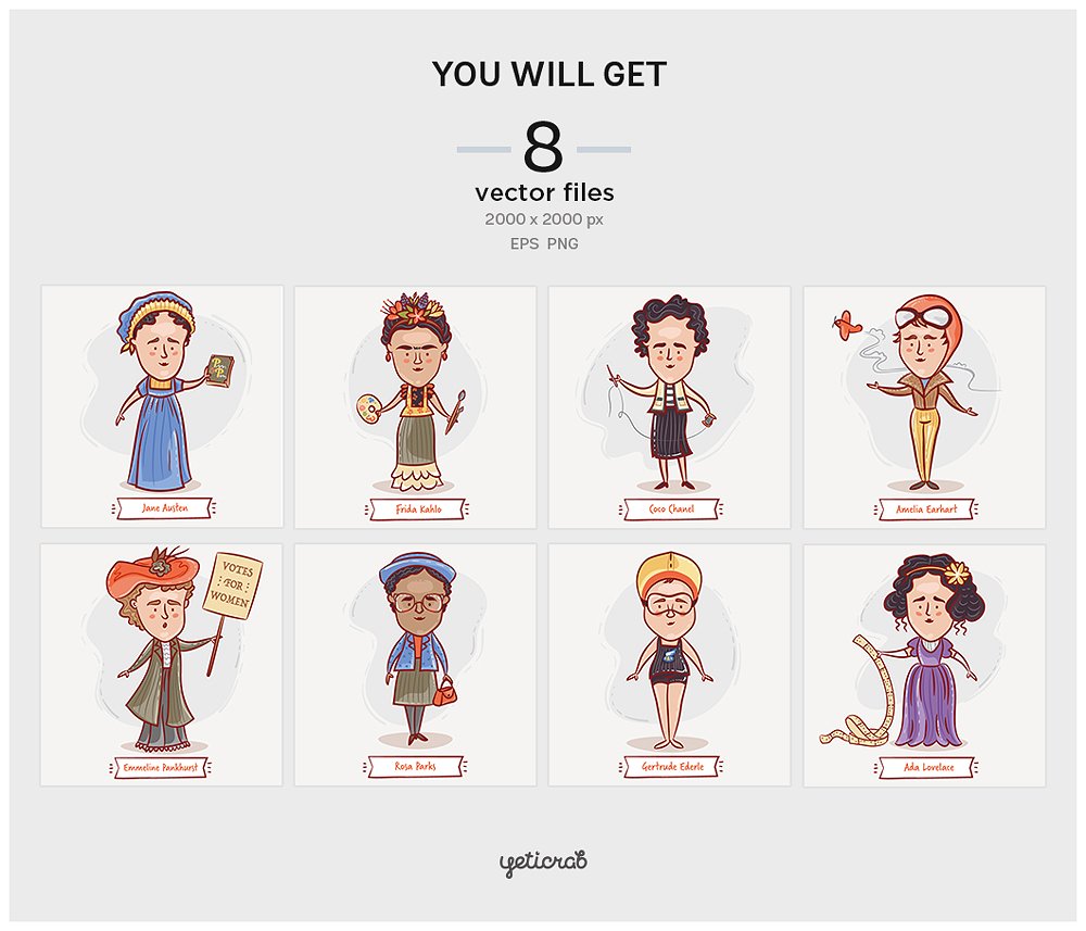 8张国外历史上伟大女性矢量插画打包下载[eps,png]插图(2)