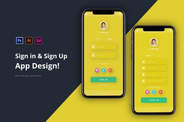 APP应用第三方社交注册登录界面设计素材库精选模板 App – Login &amp; SIgnUp