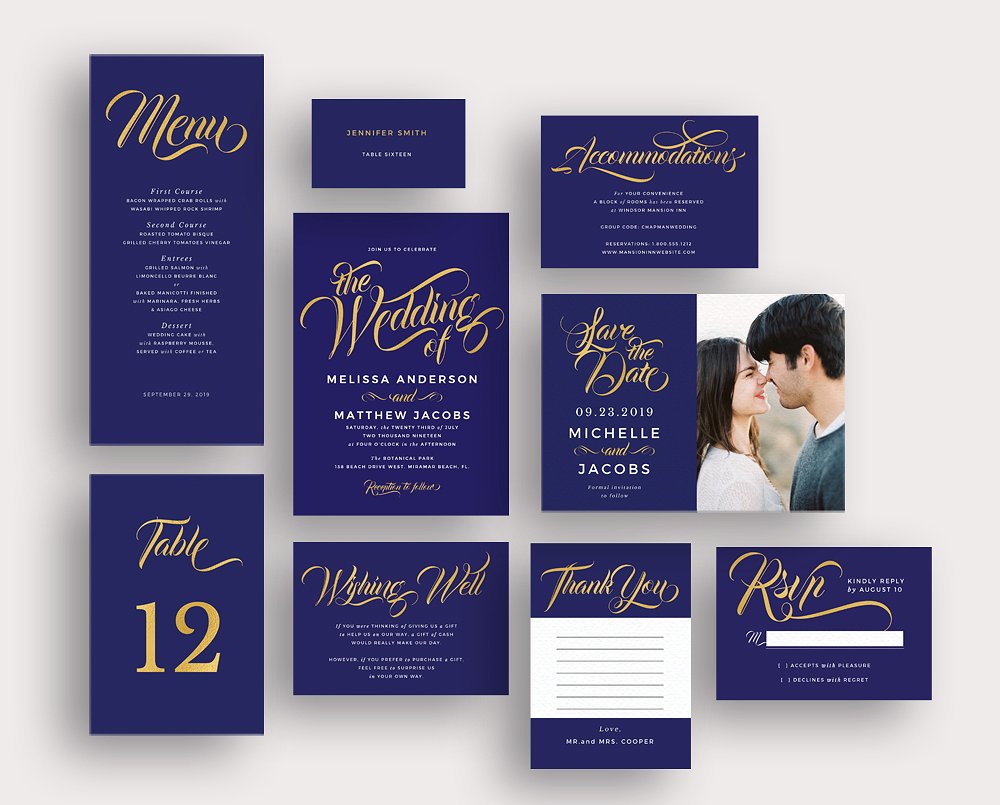 现代风格金蓝配色婚礼邀请函模板集 Modern gold blue calligraphy invites插图