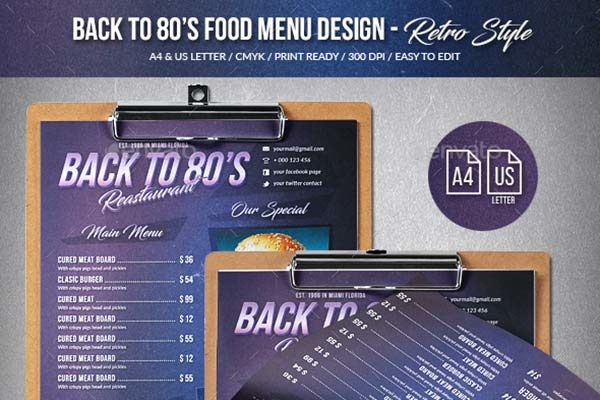 复古风格的食物菜单模板设计 Back To 80’s Food Menu – A4 &amp; US Letter [psd]