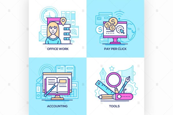 商业系列线条艺术矢量插画素材 Business – set of line design style illustration