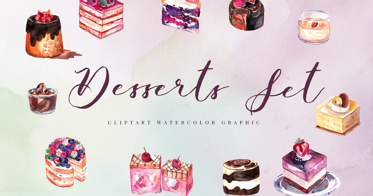 水彩蛋糕甜点矢量插画合集 12 Watercolor Desserts Illustration Set插图