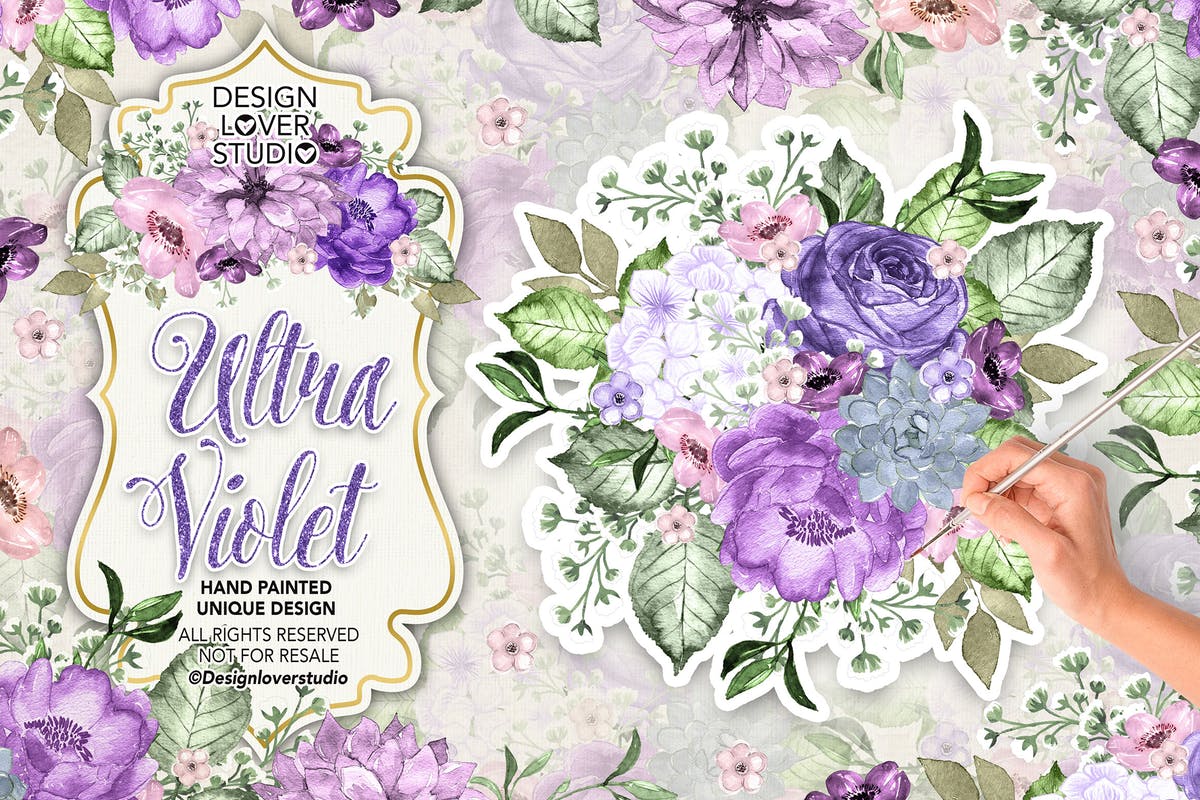 紫罗兰水彩花卉设计插画素材 Ultra violet watercolor design插图