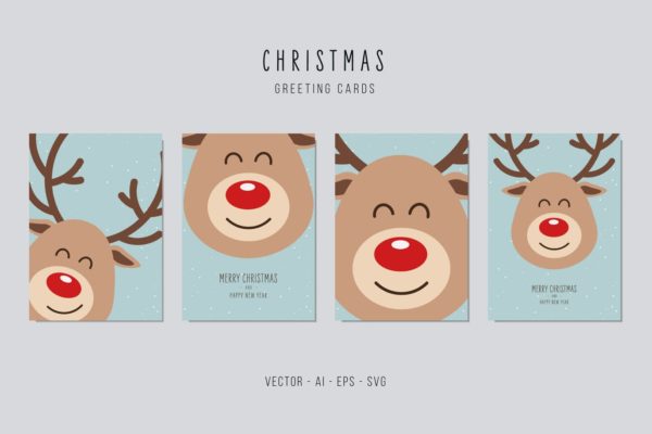 可爱卡通驯鹿图案圣诞节矢量贺卡设计模板v1 Reindeer Cute Vector Card Set
