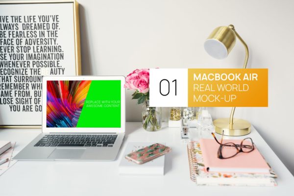逼真书房工作场景MacBook Air超极本素材库精选样机模板 Bright MacBook Air Real World Photo Mock-up