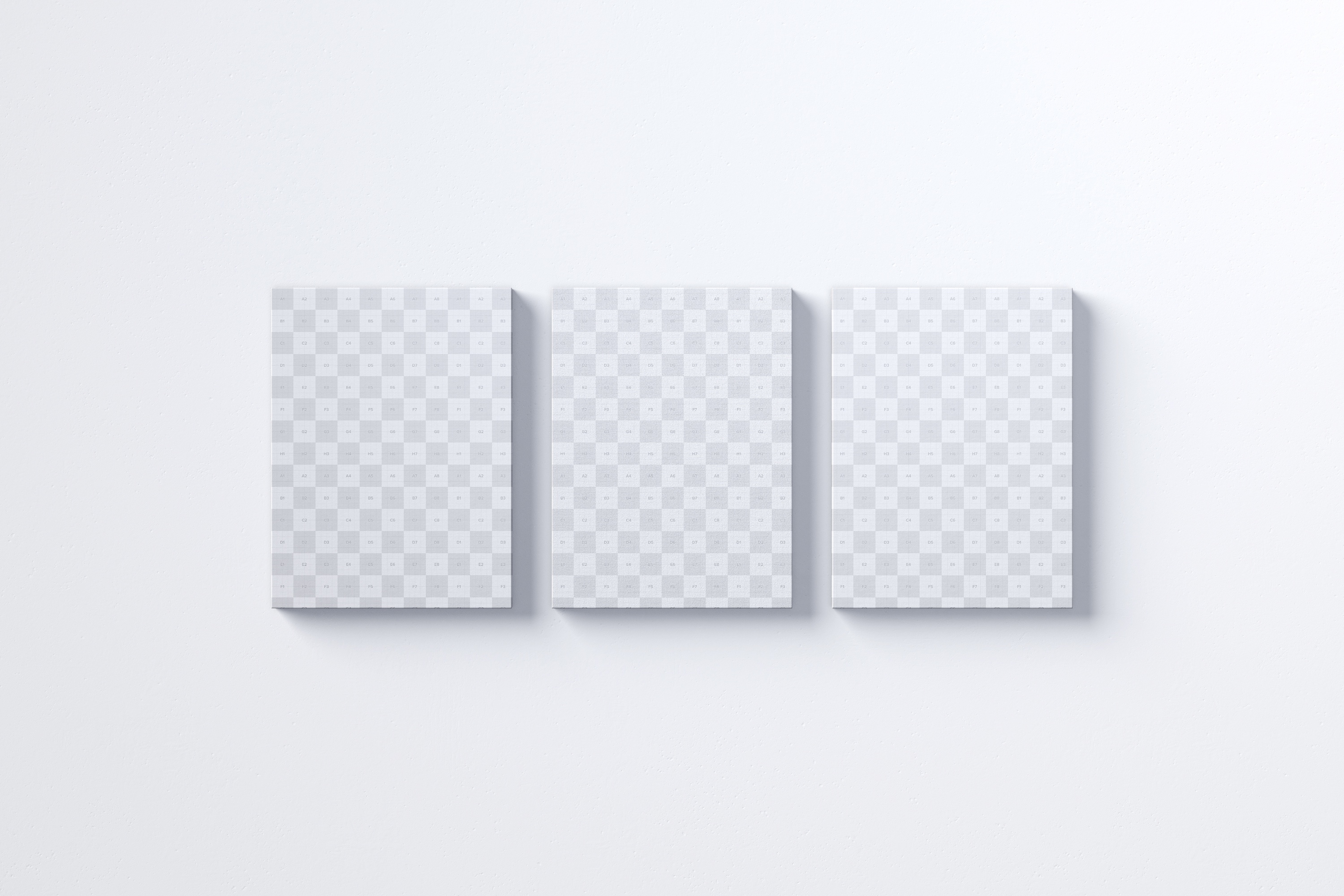 挂墙等距画布画框作品展览效果图前视图样机素材 Three 3:4 Portrait Canvas Mockup Hanging on Wall, Front View插图