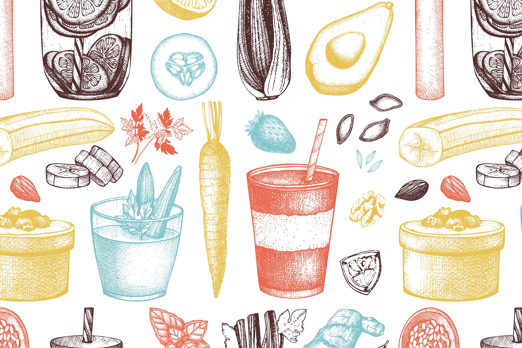 复古风格健康食品及饮料成分插画 Vegetarian Food Ingredients Set插图(7)