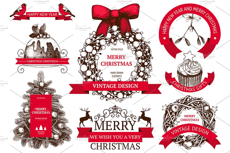 墨水手绘复古矢量圣诞插图 Vintage Christmas Illustrations插图(1)