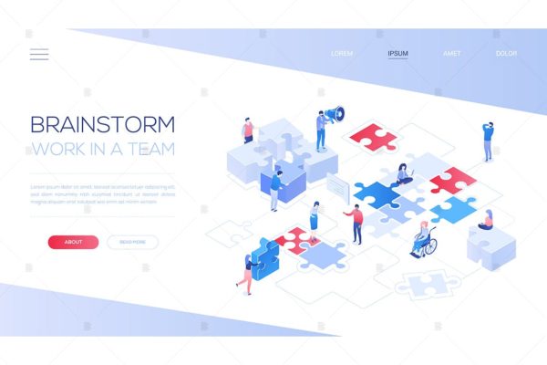 头脑风暴&amp;团队合作线条艺术设计风格网站Banner设计插画素材 Brainstorm and teamwork – isometric web banner