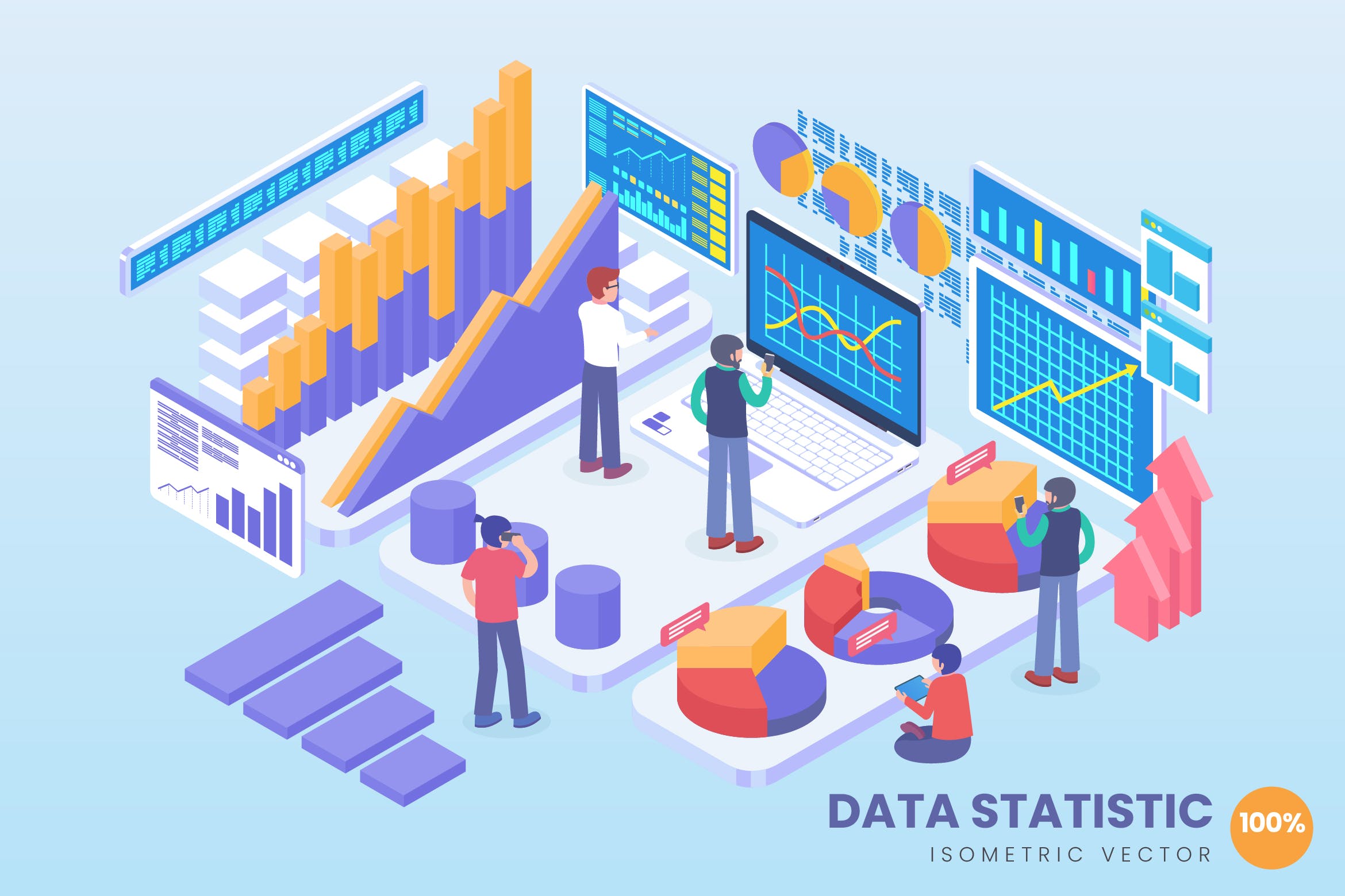 数据统计技术等距矢量素材库精选科技概念插画 Isometric Data Statistic Technology Vector Concept插图