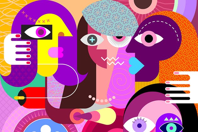 怪诞抽象人物矢量艺术作品v3 Four Women at the Restaurant vector illustration插图(1)