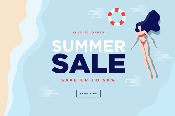 夏日海滩旅行矢量插画电商网站促销Banner广告模板v2 Summer sale banner