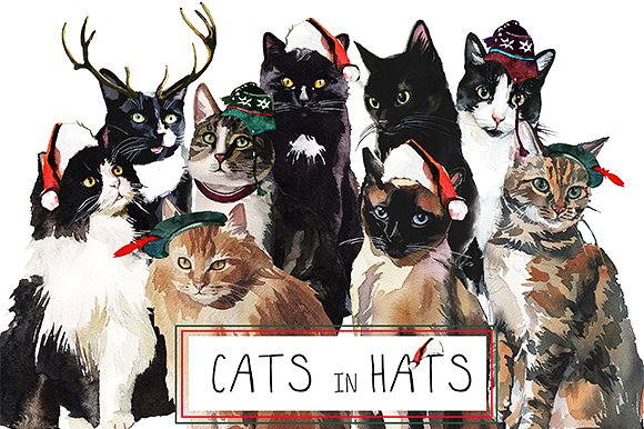 手绘水彩猫咪素材剪贴画合集 Watercolor Cat Illustration Clipart插图