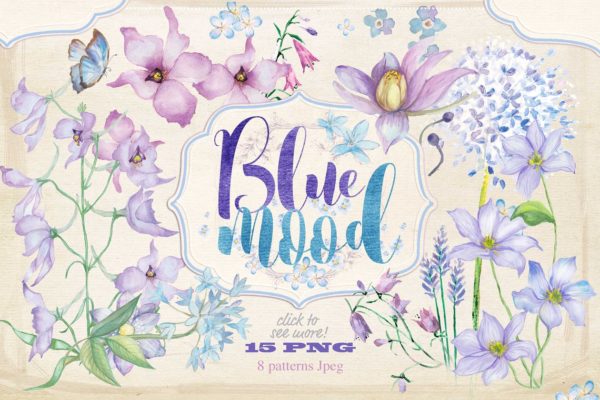蓝色手绘水彩花卉插画素材合集 Floral collection "Blue mood"
