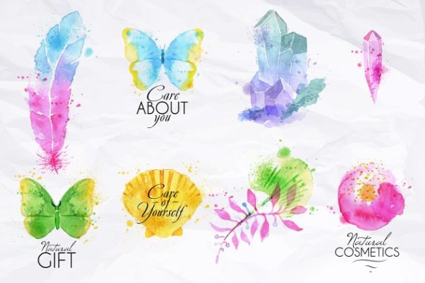 大自然动植物水彩喷洒元素 Natural care