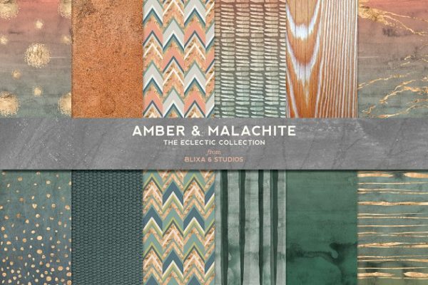 琥珀与孔雀石金色水彩纹理背景 Amber &amp; Malachite Golden Watercolor