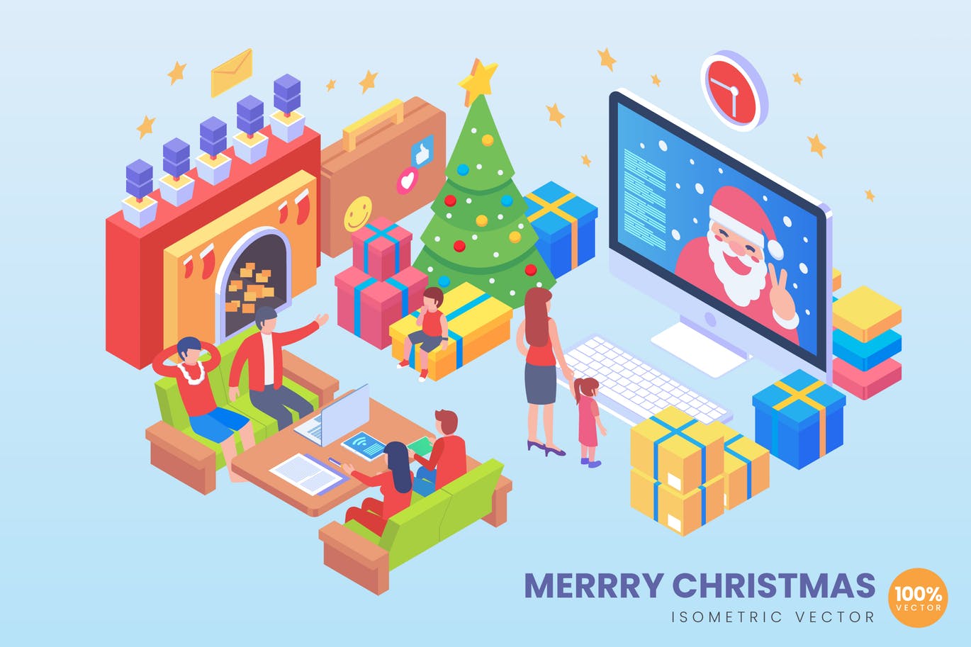 圣诞快乐等距矢量概念插画 Isometric Merry Christmas Vector Concept插图