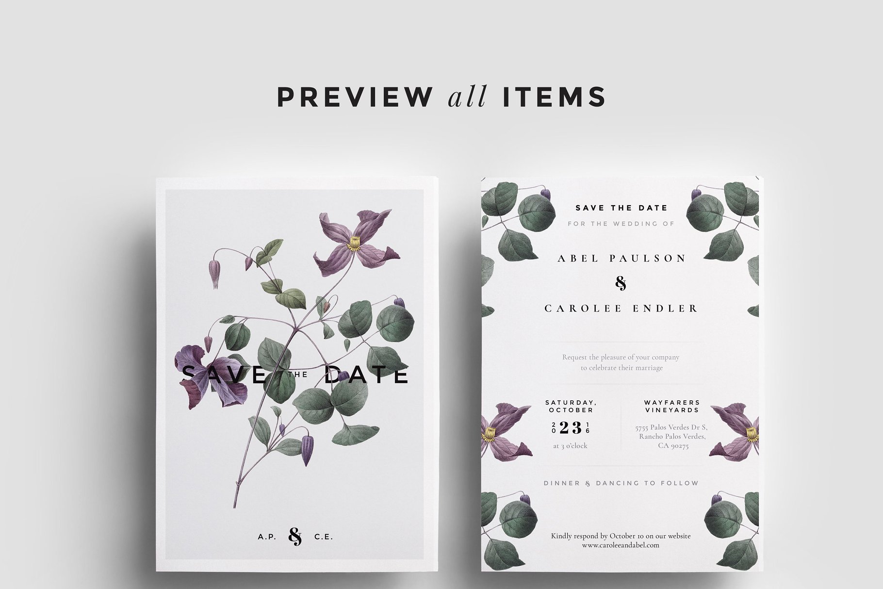 现代优雅花卉装饰婚礼邀请设计套件 Modern Laurel P.1 Wedding Collection插图(3)