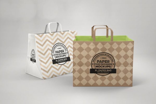 加大型购物纸袋设计图素材库精选模板 XL Paper Bags with Flat Handles Mockup
