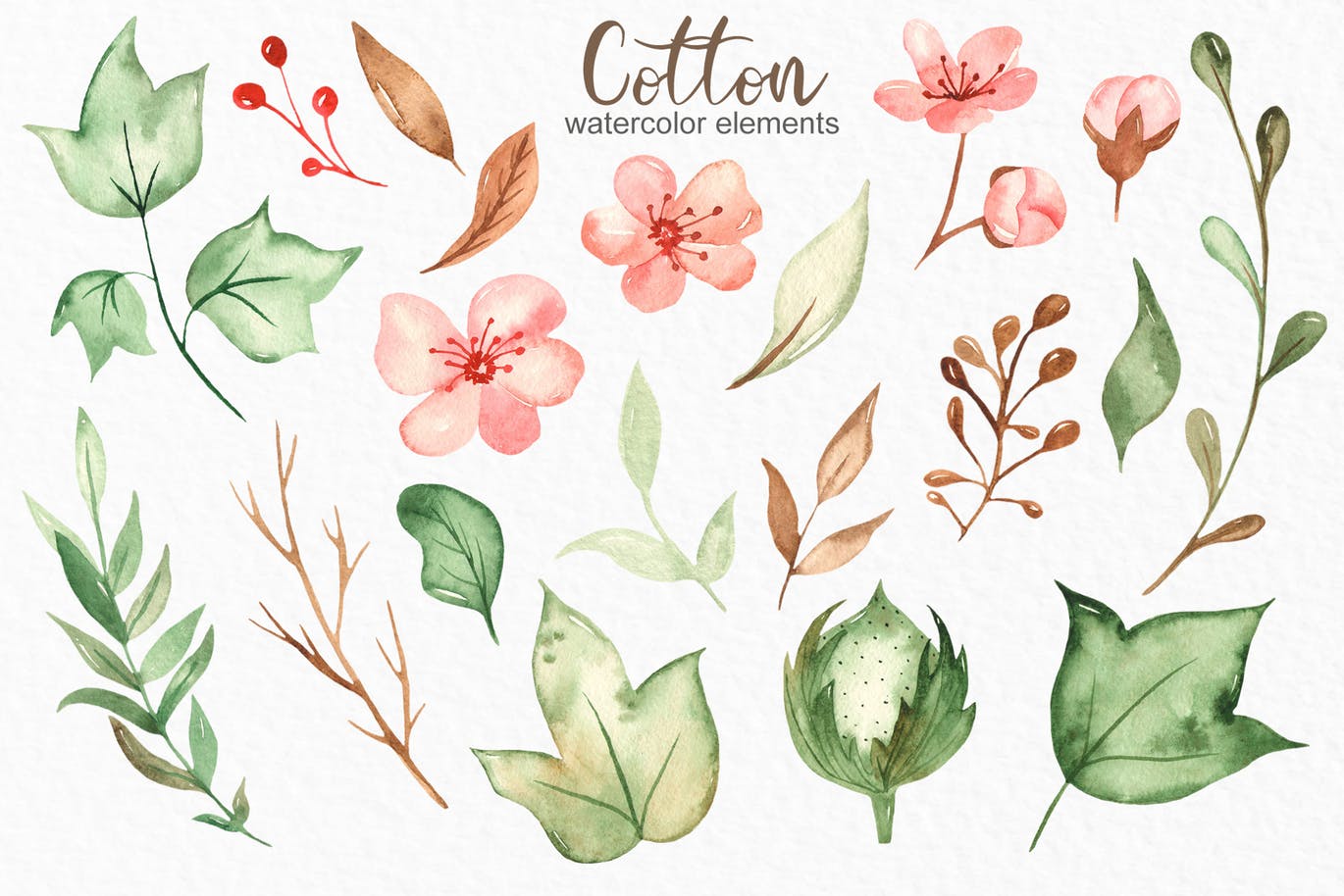 水彩棉花手绘剪贴画/花框/花环素材库精选设计素材 Watercolor cotton. Clipart, frames, wreaths插图(2)