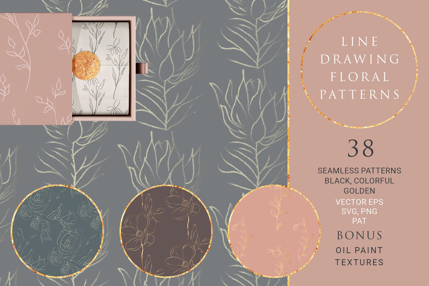 线绘花卉手绘图案超级素材包[3GB] Line Drawing Floral Patterns ~ EPS, SVG, PAT, PNG插图