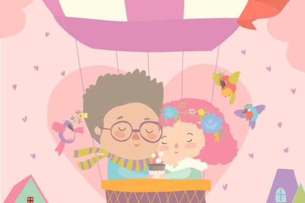 热气球情侣矢量手绘插画素材 Cute couple in love flying on air ballon. Vector
